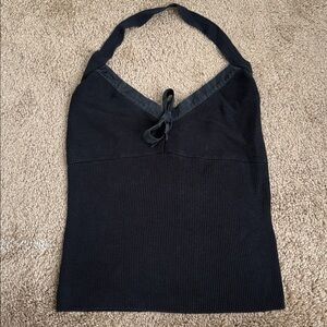 Vintage Y2K Muse Black Halter Tie Bow Silk Blend Tank Top Ribbed Blouse